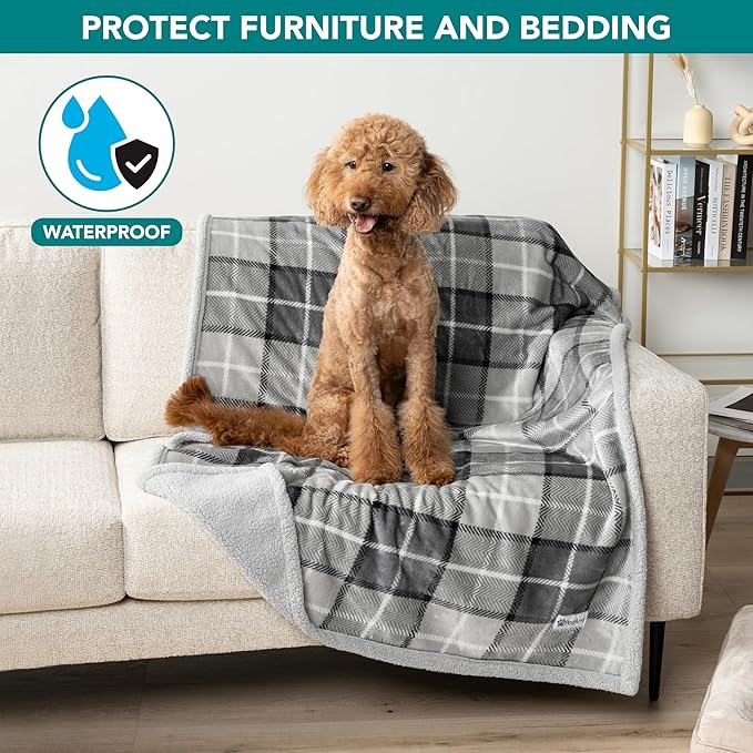 PetAmi Waterproof Dog Blanket for Medium Large Dog Puppy Cat Throw for Couch Cover Leakproof Protection, Sherpa Fleece, Reversible Soft Washable 60x40 Plaid Light Gray