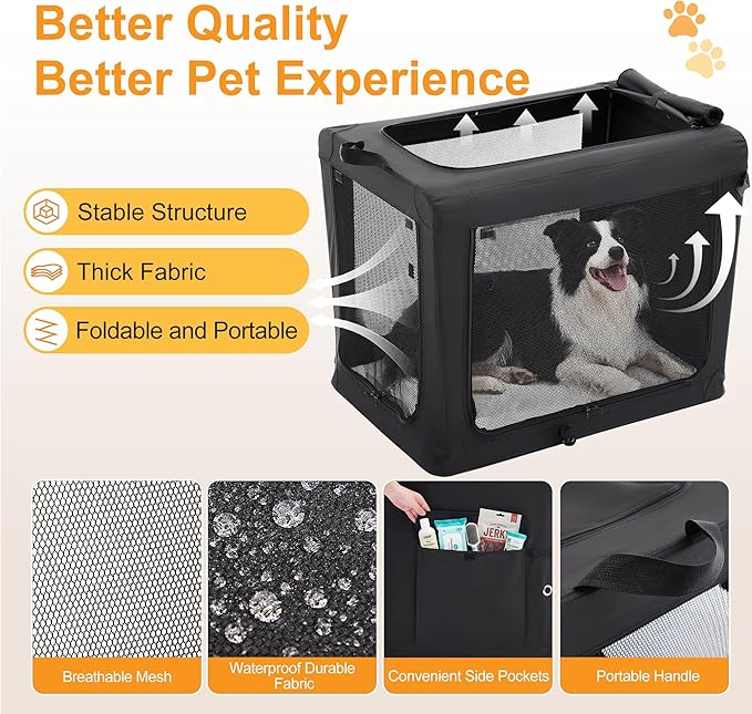Dog Travel Crate 42 Inch, Portable Soft-Sided Travel Carriers for Dogs and Cats, Foldable Pet Kennel with 3-Doors Mesh Windows Indoor & Outdoor, Black