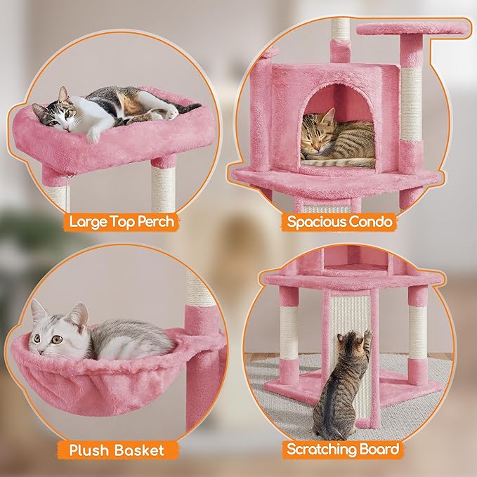 Yaheetech Cat Tree, 42in Play Tower for Indoor Cats, Kitten House with Large Perch & Scratching Posts & Cozy Condo & Scratching Ramp, Cat Furniture Activity Center, Pink