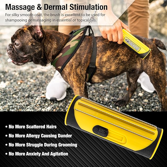 King Kanine Deshedding Dog Brush - Self Cleaning Deshedding Brush for Cats Dogs and Horses - Pet Comb for Grooming and Removing Loose Hair - Designed for Short to Medium Coats of All Stages