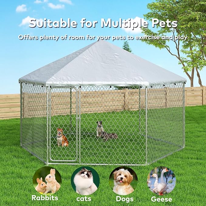 9.1x9.1 FT Outdoor Dog Kennel Heavy Duty Dog Enclosure with Waterproof Cover and Security Lock, Galvanized Wire Mesh Hexagonal Large Dog Kennel(109.4x109.4x95.3IN)