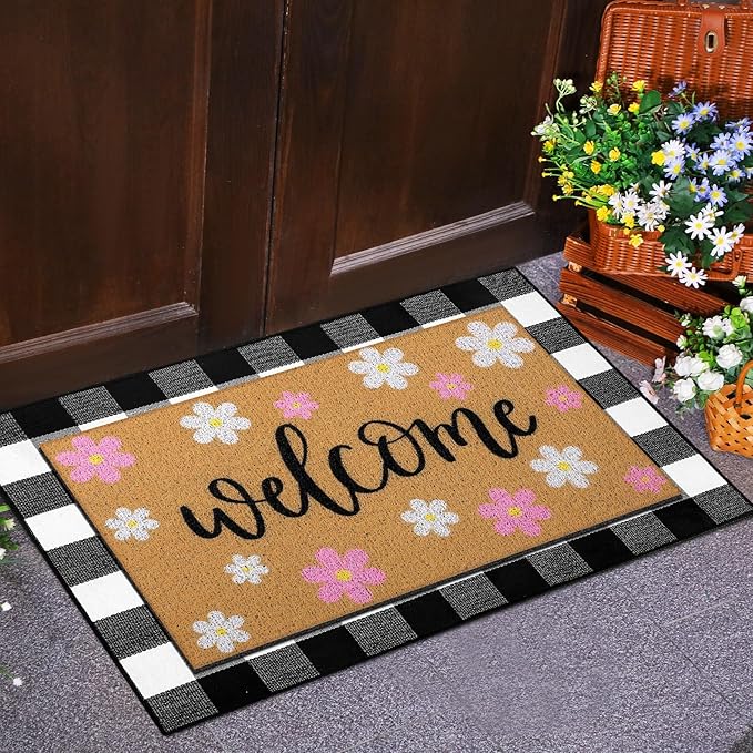 Tinideya 2 Pcs Spring Welcome Door Mat Outdoor Pink Flower Doormats for Front Door Non Slip Floral Layered Coir Mat Black White Check Spring Rug for Outside Front Porch Entryway Decor