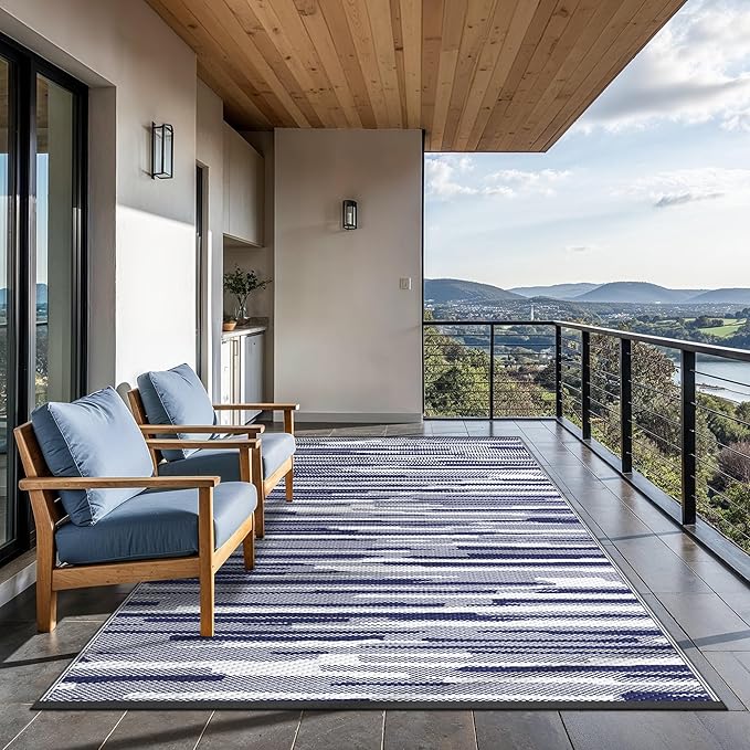 GENIMO Outdoor Rug for Patio Clearance, 8'x10' Waterproof Camping Mat, Reversible Plastic Straw Rugs for RV, Camper, Balcony, Backyard, Picnic, Deck (Blue White)