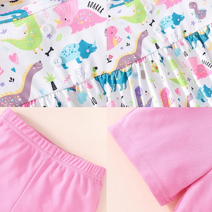 Toddler Baby Girls Summer Clothes Outfits Ruffled Sleeve Dinosaur Shirt Leopard Tops and Shorts Pants Sets 2PCS