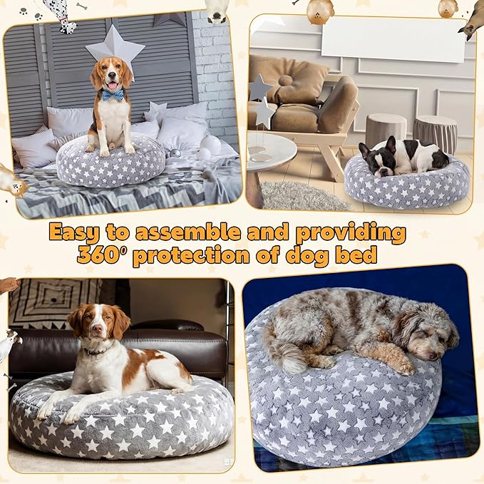 Youyole Medium Washable Round Dog Bed Cover Replacement Waterproof 30 x 30 x 10 in Round Donut Bed Cover for Dog Soft Gray Pet Beds Protector Sheet with Lovely Star Print for Donut Beds & Pet Couch