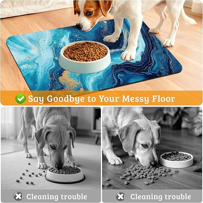 Dog Bowl Mat,Blue Gold Marble Pet Feeding Mat for Floors Waterproof,Flowing Absorbent Dogs Placemat for Food and Water Quick Dry Pet Cat Feeding Mats with Non Slip Bottom 12" x 20"