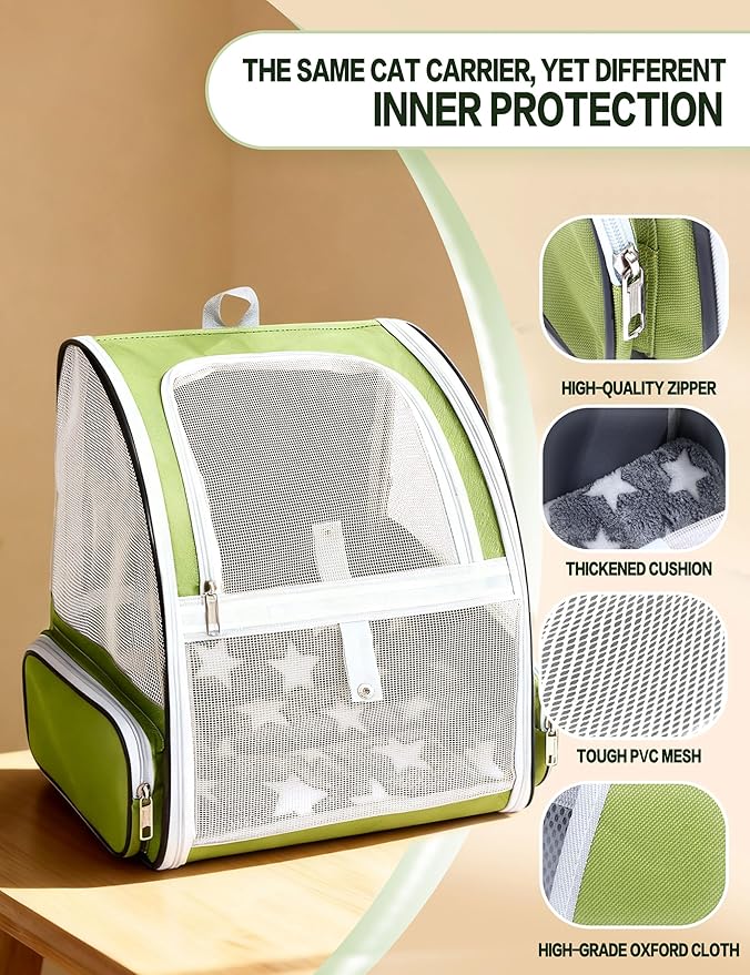 Green Cat Backpack Carrier with Washable Crate Bed Mat Breathable Cat Carrier Large Space for Medium Small Dog Puppy Kitty Bunny Ventilated Mesh Pet Backpack for Cats Travel Hiking Walking Outdoor Use