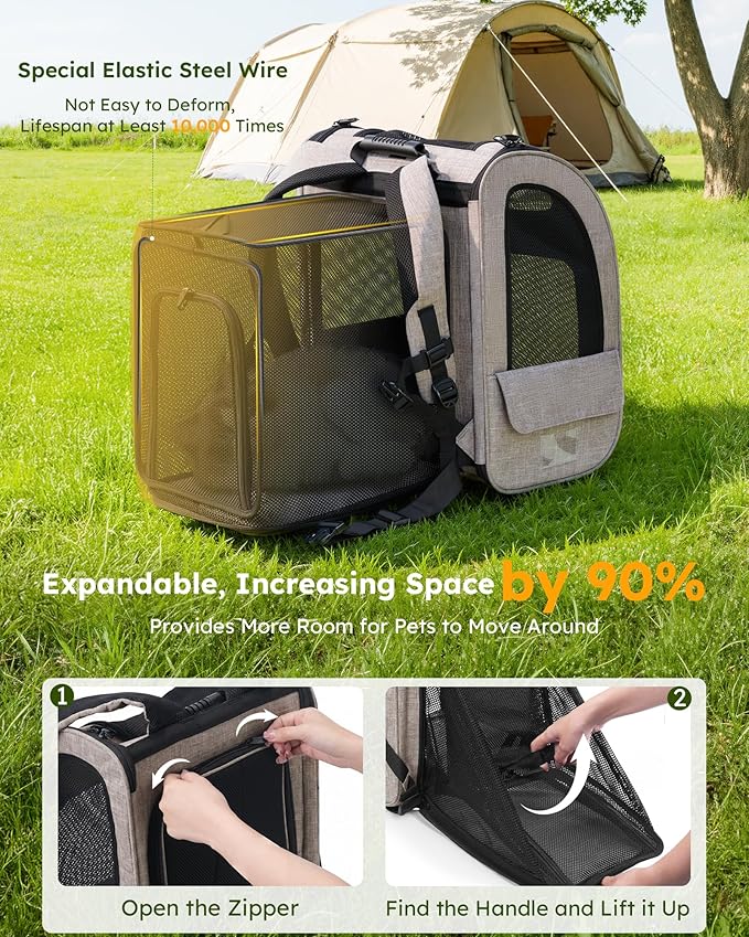 Pecute Cat Backpack Carrier XL, ExpandablePet Backpack for Cats & Small Dogs Up to 15lbs, with 4-Side Breathable Mesh, Multi-Entry & Lockable Zippers for Travel, Hiking, Camping - Hands Free, Khaki