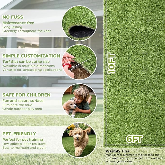 Artificial Grass Rug Indoor Outdoor, 6 x 10FT Faux Grass Turf with Drainage Holes, Realistic Artificial Lawn Rug Dog Pets Mat, Turf Carpet for Garden Lawn Landscape Balcony Patio Backyard Easter Decor