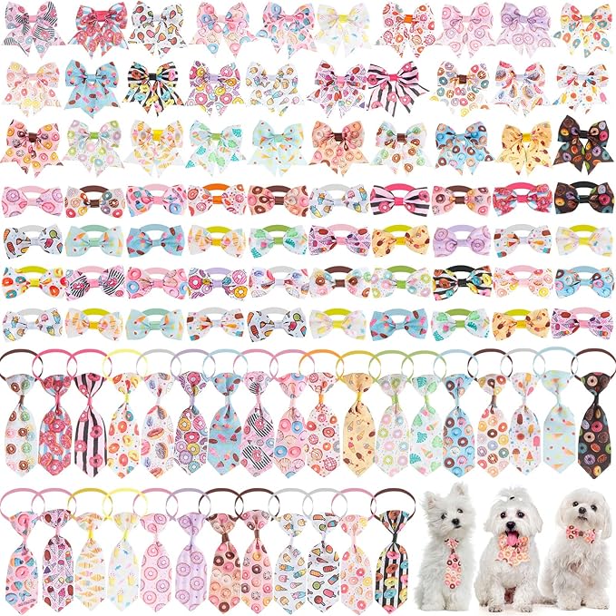 Reginary 100 Pieces Dog Bow Tie Collar Set Include 40 Dog Neckties, and 30 Puppy Bowties, 30 Collar Flowers, Adjustable Pet Ties Grooming for Small Medium Cats Pets Supply(Donut)