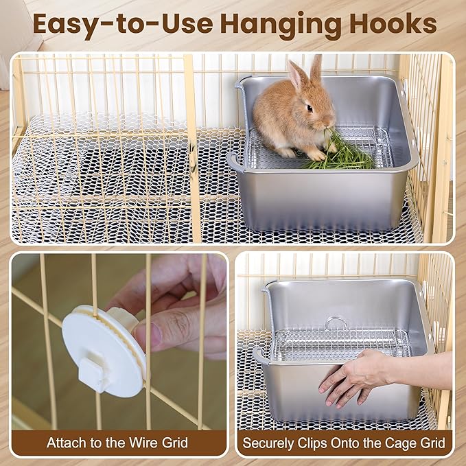 Rabbit Litter Box, Extra Large Bunny Litter Box with 304 Stainless Steel Sifting Tray & Hooks, Rabbit Litter Box, Easy to Clean and Odor Control (17.7" × 13.8" × 5.9")