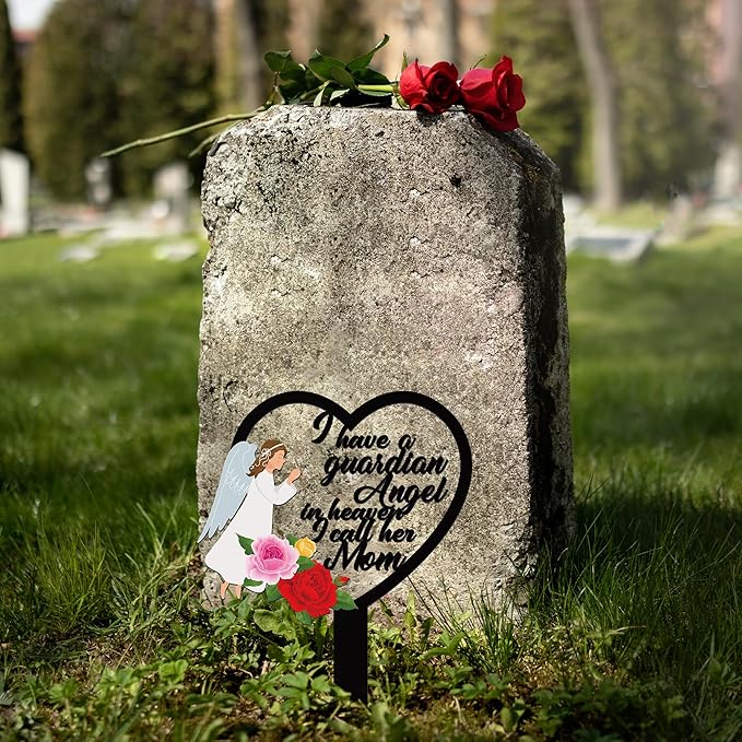 BUoonyer Stake Graves Cemetery Decorations - Mom Metal Memorial Grave Marker, Mother Heart Graveyard Sympathy Plaque, Angel Flower Remembrance Graveside Burial Decor Sign for Outside Yard Garden