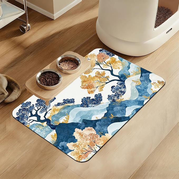 Japanese Wave Tree Dog Food Mat–Christmas Stocking Absorbent Quick Dry Feeding Placemat for Food and Water Bowls, Non Slip Rubber Backing, Waterproof Pet Supplies for Mess-Free Eating 12"x20"