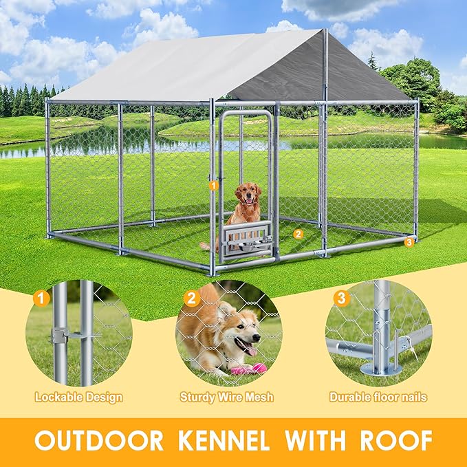 7.5×7.5×5.3 FT Outdoor Dog Kennel with Roof, Dog Enclosure w/Rotating Feeder, Large Heavy Duty Dog Run Playpen w/2 Stainless Bowls, Galvanized Pet House w/Secure Lock, Waterproof Cover (7.5FT)