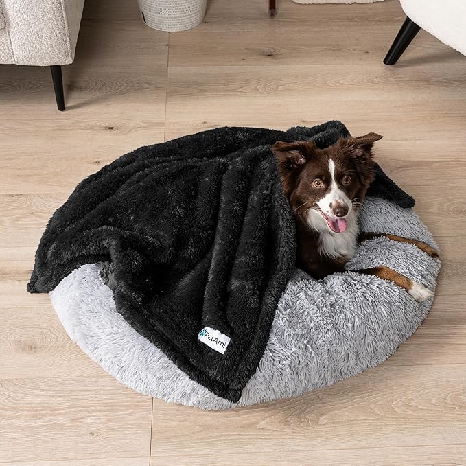 PetAmi Fluffy Waterproof Dog Blanket for Small Medium Dogs, Soft Warm Pet Sherpa Throw Pee Proof Couch Cover, Reversible Cat Puppy Bed Blanket Sofa Protector, Plush Washable Pad (Black, 29x40)