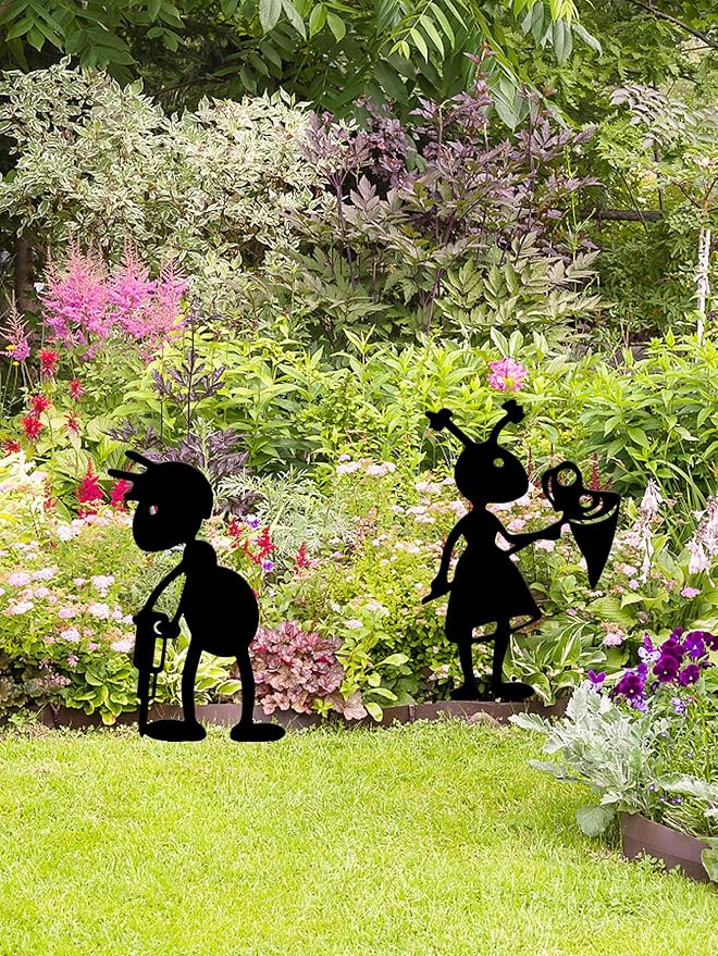 4 Piece Metal Ant Garden Decorative Stakes - Black Working Farm Yard Art Decor. Outdoor Art for Pathway & Lawn Patio Backyard Decoration Set