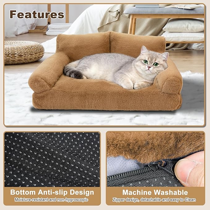 Cat Beds for Indoor Cats, Cat Couch Bed, Cute Cats Sofas for Pets, Small Dog Sofas & Chairs with Removable Washable Cover, Plush Soft Pet Furniture for 10lbs Small Dogs & Cats(Brown)