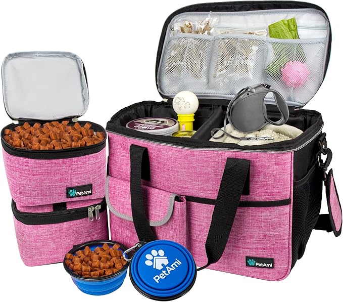 PetAmi Dog Travel Bag - Travel Pet Organizer with Food Container and Bowls, Perfect for Weekend Camping or Gifting - Pink, Medium