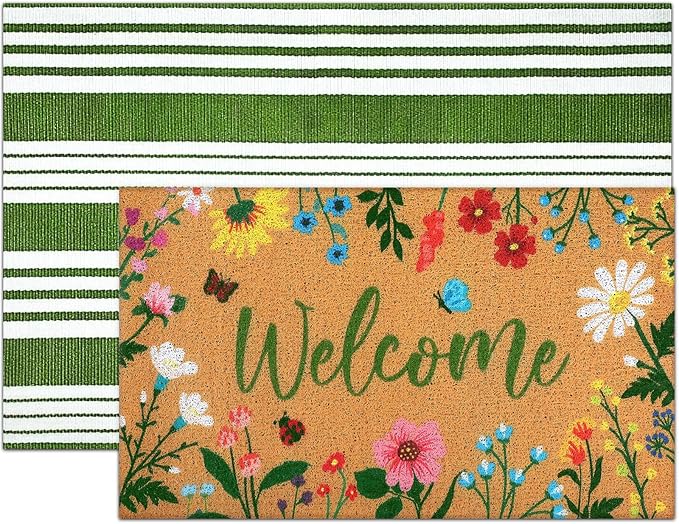 Tinideya 2 Pcs Spring Welcome Door Mat Floral Outdoor Layered Doormats for Front Door Non Slip Wildflower Coir Floor Mat Green White Stripe Rugs for Outside Front Porch Entryway Decor