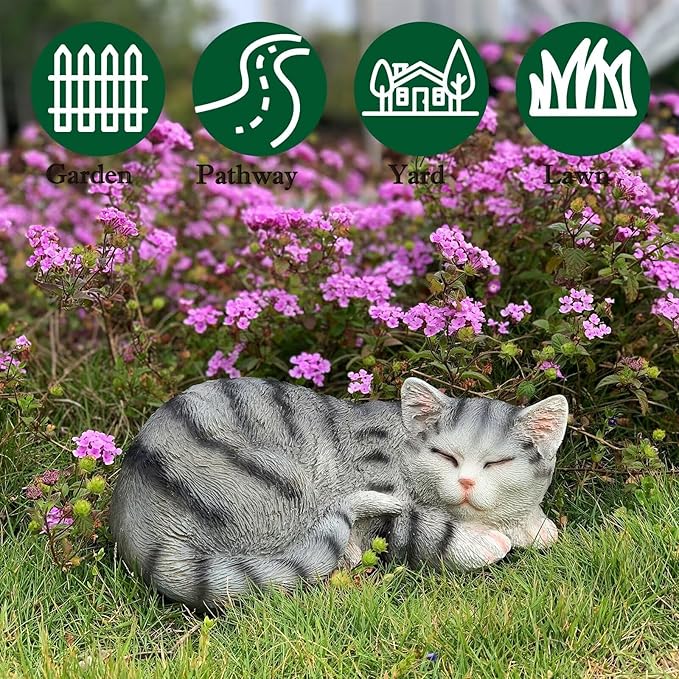 GARDEN WHISPER Cat Statue, Grey, Resin, Contemporary, Outdoor / Indoor Decor, 11.4" L x 7.1" W x 4.3" H, 1.5 lbs