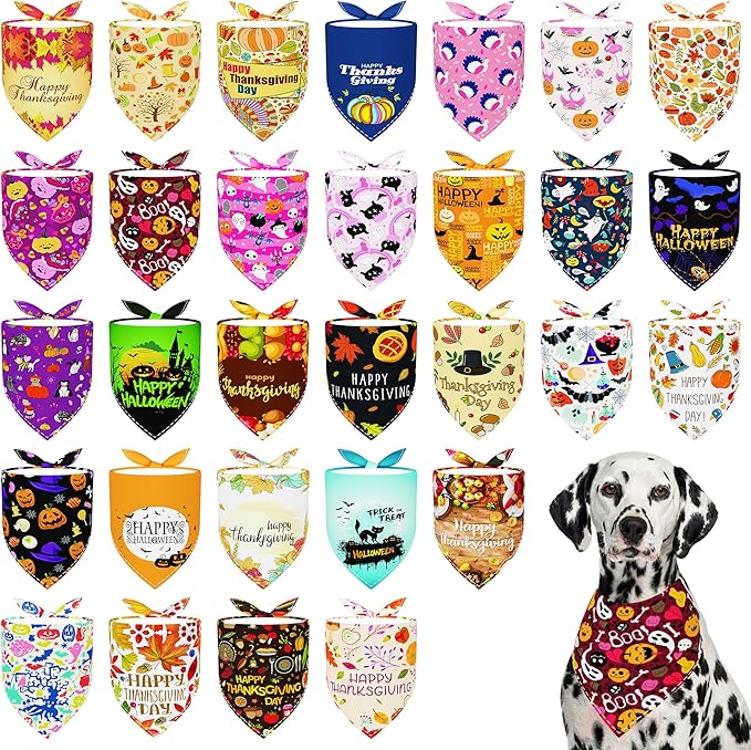 30 Pcs Halloween Thanksgiving Dog Bandanas Bulk 33 Inch XXL Stitch Dog Bandanas for Large Dogs Breed Polyester Scarves Party Grooming L