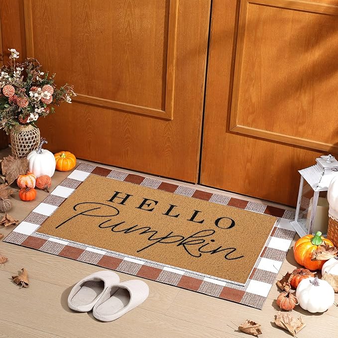 Tinideya 2 Pcs Door Mat Welcome Non Slip Coir Mats Floor Layering Doormats Seasonal for Front Porch Entryway Decor(Brown White Plaid)