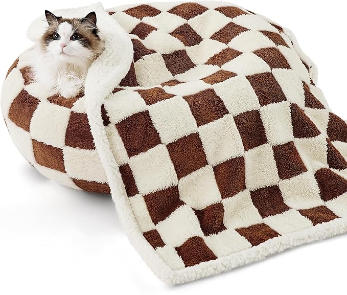 LE SURE Waterproof Puppy Blanket for Small Dogs - Washable Double Sided Dog Blankets with Warm Jacquard Shag and Soft Sherpa Fleece, Pet Cat Blanket for Couch Protection, 3D Textured Checks, Brown