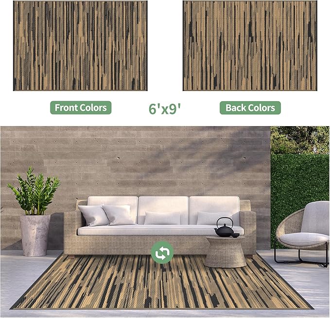 GENIMO Outdoor Rug for Patio Clearance, 6'x9' Waterproof Camping Mat, Reversible Plastic Straw Rugs for RV, Camper, Balcony, Backyard, Picnic, Deck (Black Brown)