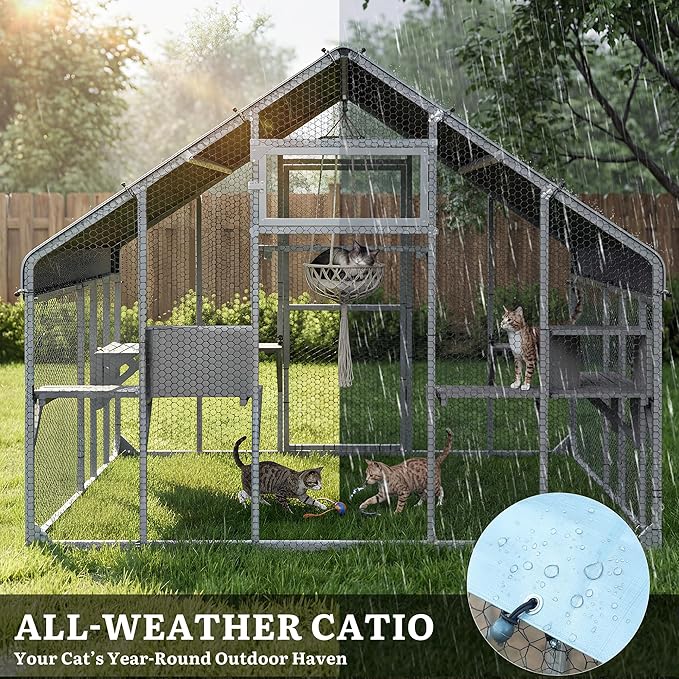 DWVO 94 Inch Catio Outdoor Cat Enclosure, Large Outdoor Cat House for Multiple Cats, Metal Cat Cage Outdoor with Weatherproof Roof, 7 Platforms, 2 Resting Box and Cat Hammock Bed