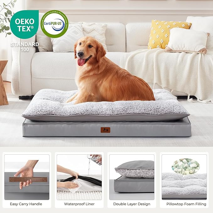 2-Pack Waterproof Dog Bed Large Size Dogs, Plush Cushion & Orthopedic Egg-Crate Foam Mattress for Senior Dogs, Washable Dog Crate Bed with Removable Cover, Light Grey