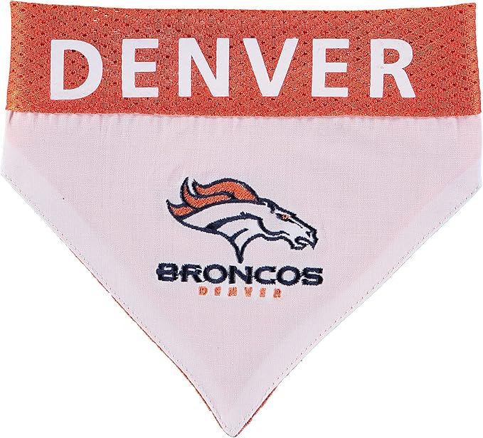 Pets First NFL DOG BANDANA - DENVER BRONCOS REVERSIBLE PET BANDANA. 2 Sided Sports Bandana with a PREMIUM Embroidery TEAM LOGO, Small/Medium. - 2 Sizes & 32 NFL Teams available