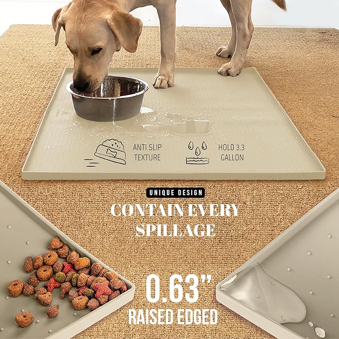 AVERYDAY 100% Waterproof Thicker Silicone Dog Food Mat, 0.63'' Raised Edge Bowl Mat for Food & Water, Non Slip Pet Feeding Placemat for Messy Drinkers, Perfect for Large Medium Small Breeds, 32"x24"