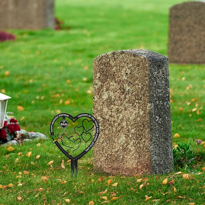 BUoonyer Stake Graves Cemetery Decorations - Dad Metal Memorial Grave Markers, Father Heart Graveyard Sympathy Plaque, Happy Heavenly Birthday Remembrance Graveside Burial Decor Sign for Outside Yard