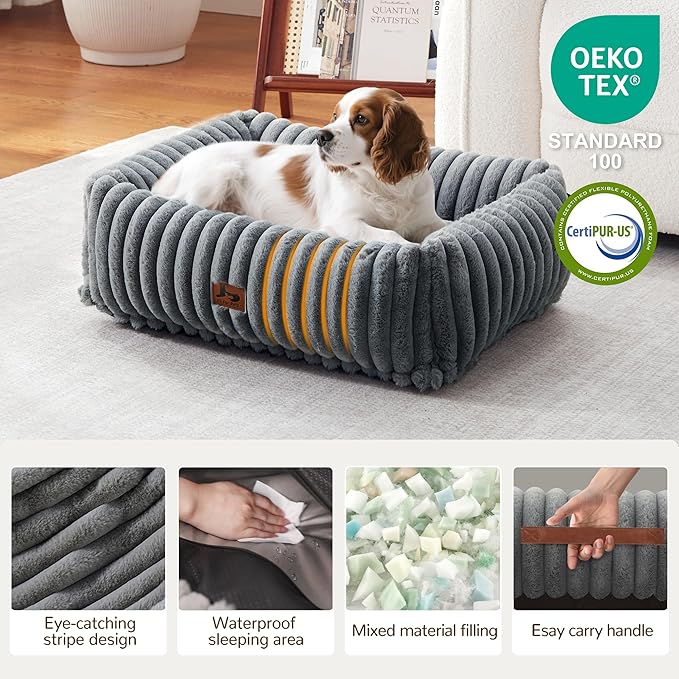 Washable Dog Bed for Small Medium Dogs - Rectangle Orthopedic Corduroy Fleece Pet Bed with Removable Cover and Nonskid Bottom, Calming Puppy Bed Soft Pet Sofa, Grey(25x21x7inchs)