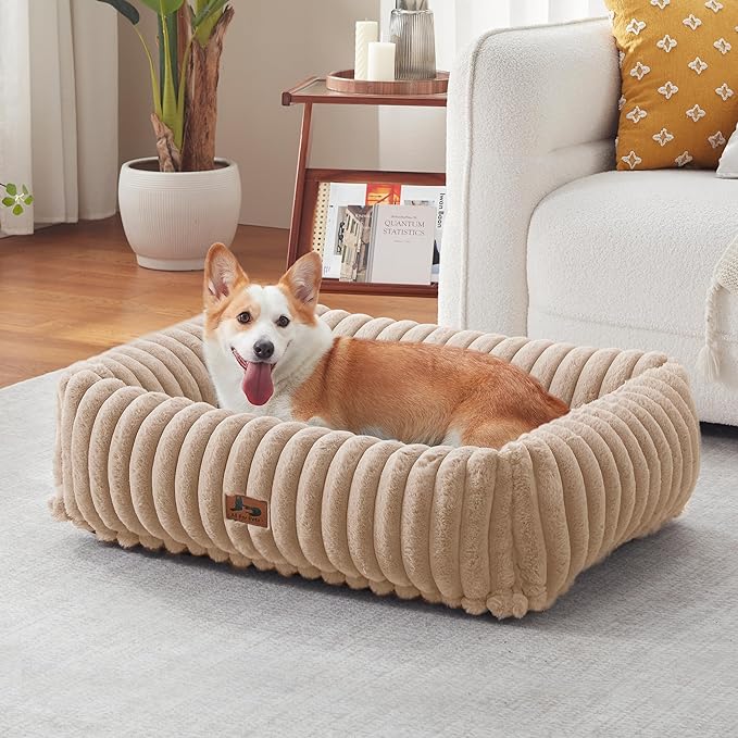 Washable Dog Bed for Small Medium Dogs - Rectangle Orthopedic Corduroy Fleece Pet Bed with Removable Cover and Nonskid Bottom, Calming Puppy Bed Soft Pet Sofa, Camel(35x25x9inchs)
