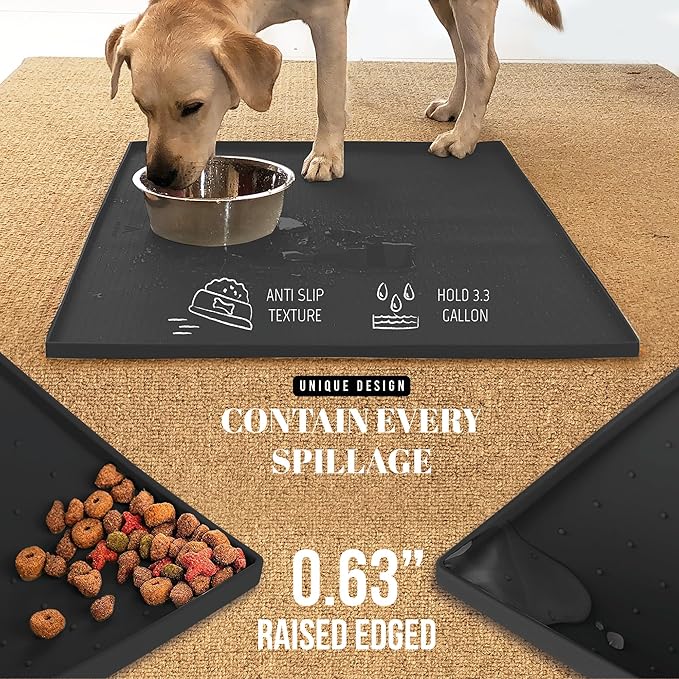 AVERYDAY 100% Waterproof Thicker Silicone Dog Food Mat, 0.63'' Raised Edge Bowl Mat for Food & Water, Non Slip Pet Feeding Placemat for Messy Drinkers, Perfect for Large Medium Small Breeds, 32"x24"