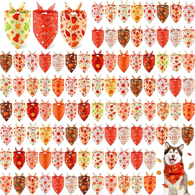 Chunful 100 Pieces Thanksgiving Dog Bandanas Bulk Fall Autumn Pet Bandanas with Pumpkin Patterns Triangle Scarf Bib Kerchief Set for Small Large Dog Costume Accessories (31.5 x 21.7 x 21.7)
