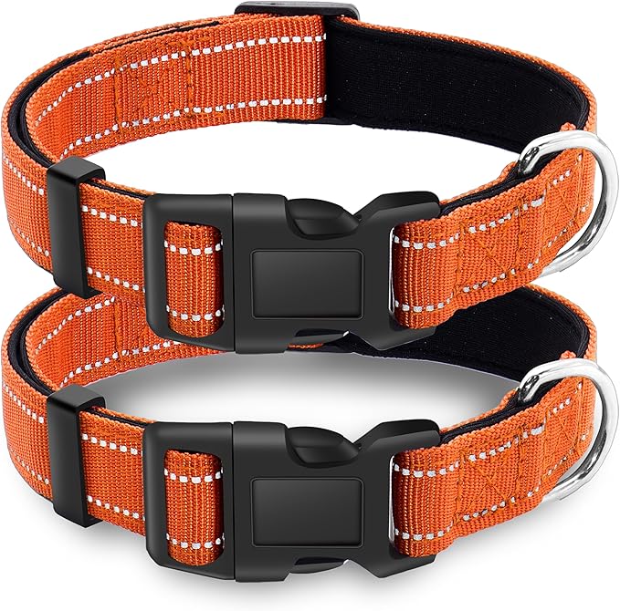 2 Pack Reflective Dog Collar with Safety Locking Buckle, Adjustable Soft Breathable Comfortable Nylon Pet Collar for Small, Medium and Large Dogs, Orange, M