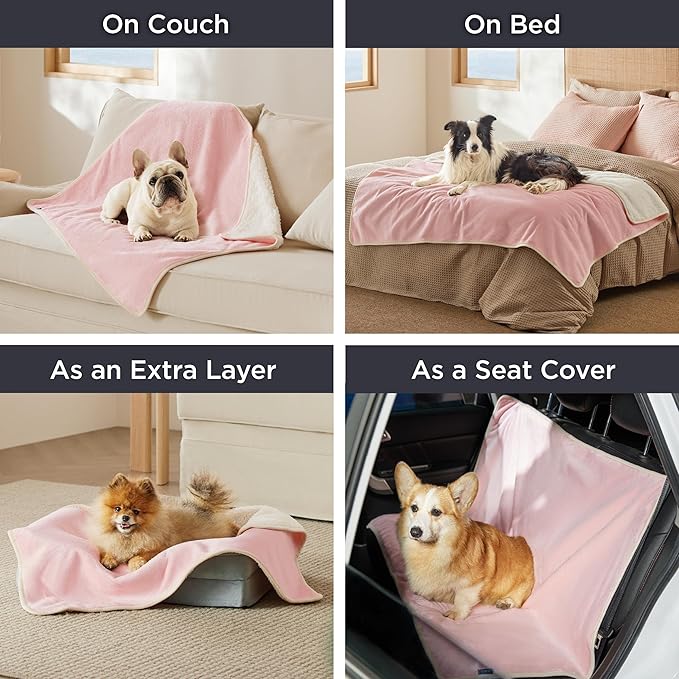 Bedsure Waterproof Blanket for Bed - Sherpa Fleece Waterproof Dog Blankets for Large Dogs, Pet Blankets for Bed/Couch/Dog Crate, Soft Plush Reversible Furniture Protector, Twin Size, 80"x60", Pink