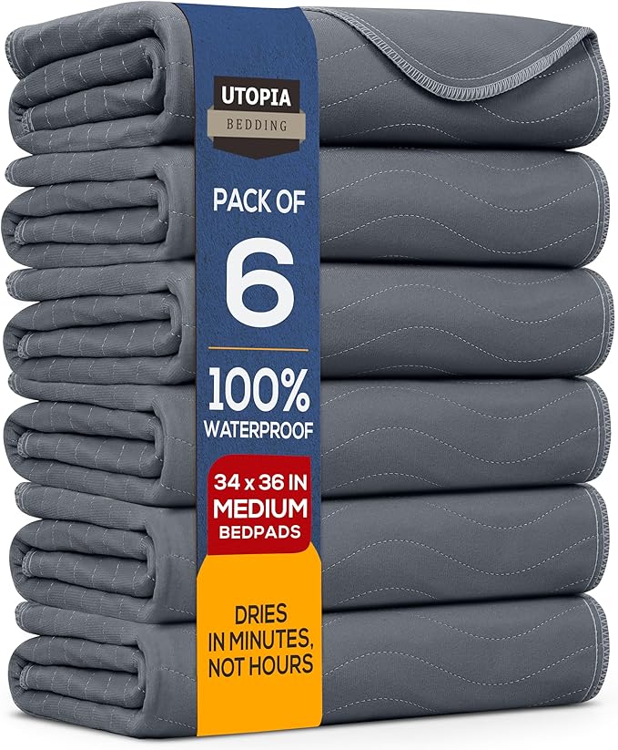 Utopia Bedding Washable Underpads 34" x 36" (Pack of 6), Waterproof Reusable Heavy Absorbency Incontinence Bed Pads for Adults, Kids, Elderly and Pets, Bedwetting Pads for Sofa and Couch (Grey)
