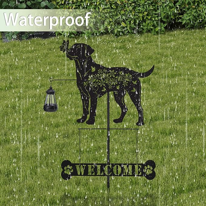 Labrador Metal Garden Stakes Yard Decor with a Lantern, Black Labrador Silhouette Statues Garden Decorative Gifts for Yard Art, Patio, Outside, Lawn Ornaments, Christmas, Backyard
