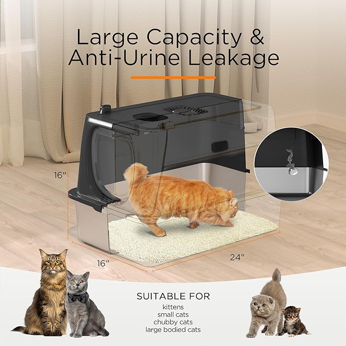 Anywish Stainless Steel Cat Litter Box with Lid, XL Extra Large Enclosed Removable Metal Litter Box with Litter Scoop&Double Layer Litter Mat, Non-Sticky, Non-Odor, Easy Cleaning, for Big Cats, Black