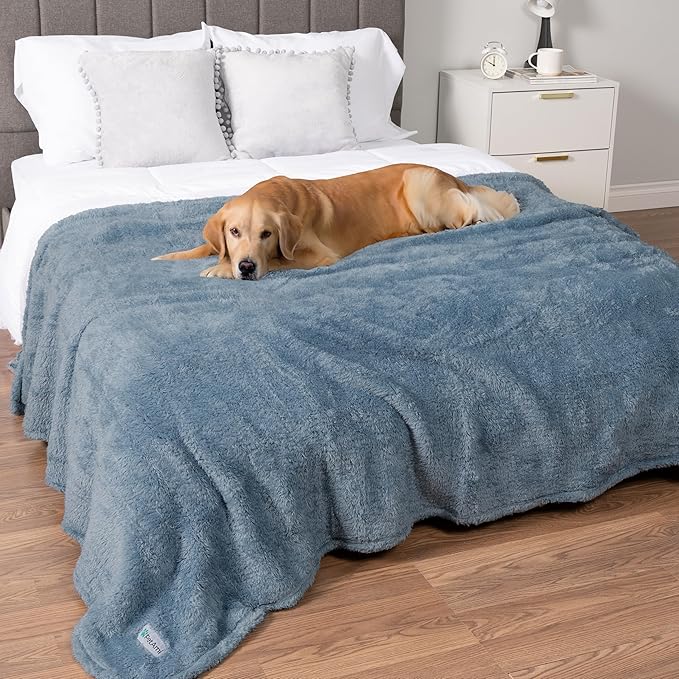 PetAmi Fluffy Waterproof Dog Blanket for Bed Large Dogs, Soft Warm Pet Sherpa Throw Pee Proof Couch Cover, Reversible Cat Blanket Sofa Crate Kennel Protector, Washable Mat Queen (Dusty Blue, 90x90)