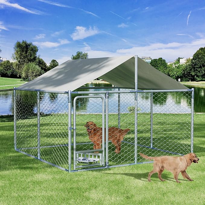 7.5×7.5×5.3 FT Outdoor Dog Kennel with Roof, Dog Enclosure w/Rotating Feeder, Large Heavy Duty Dog Run Playpen w/2 Stainless Bowls, Galvanized Pet House w/Secure Lock, Waterproof Cover (7.5FT)