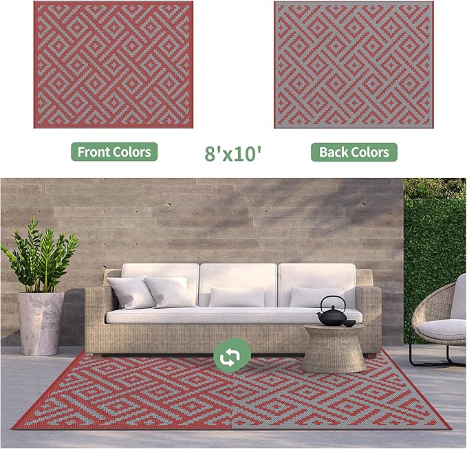GENIMO Outdoor Rug for Patio Clearance, 8'x10' Reversible Plastic Straw Rugs, Lightweight Waterproof RV Camping Mat for Camper, Balcony, Deck, Backyard, Picnic, Red Grey