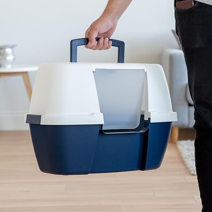 IRIS USA Corner Cat Litter Box Enclosure with Scoop, Small Cat Litter Box with Lid, Corner Litter Box Enclosure for Kittens to Medium Sized Cats, Odor Defensive Hooded Litter Tray, Navy/White