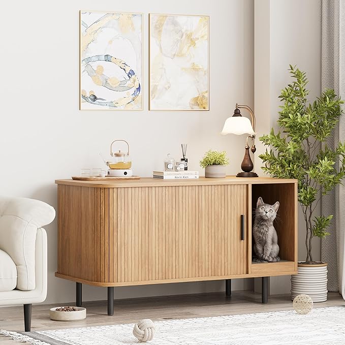 Cat Litter Box Enclosure with Cat Scratch Pad, Sliding Door, 37.4" Litter Box Enclosure Furniture Hidden Litter Box, Modern Indoor Cat House, TV Stand, Side End Table for Living Room, Natural