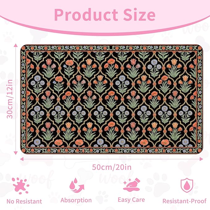 Pet Feeding Mat 20 x 12 Inch, Black Floral Pet Placemat Absorbent Quick-Dry for Food and Water, Waterproof Non Slip Rubber Bowl Pad Mat for Floors