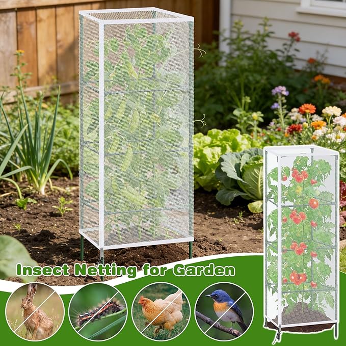 3 Pack 59"x18" Bird Netting Plant Cover for Garden Square Tomato Cages Protection,Insect Bird Barrier Garden Plant Netting Tomato Trellis Protective Cover with Zipper & Drawstring