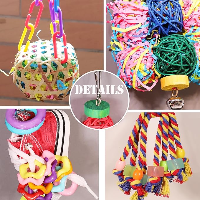 Bird Toys for Parakeet，ESRISE Parrot Conure Chewing Shredding Foraging Toys with Rope Perch, Bird Cage Accessories for Cockatiel Budgies Lovebird